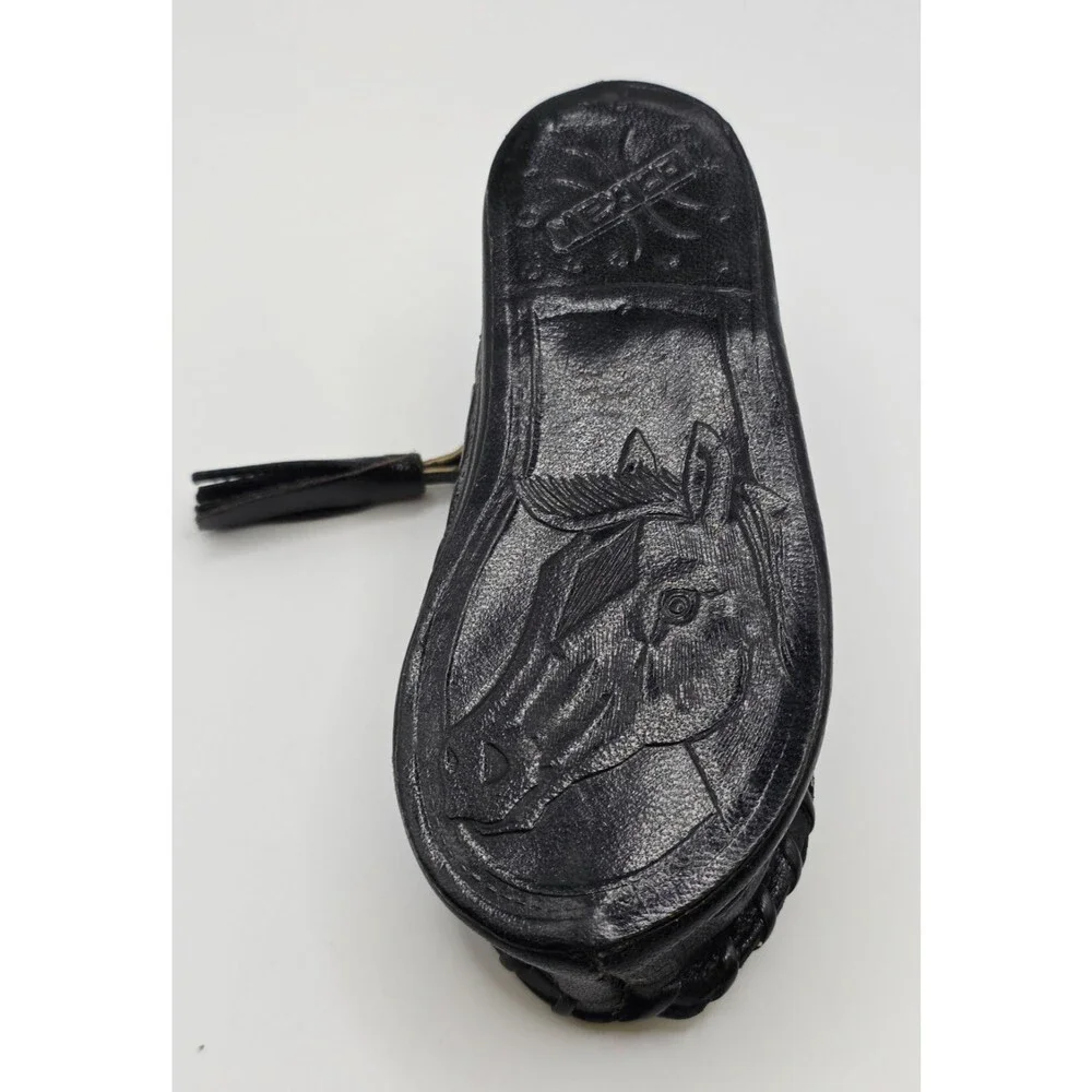 Vintage black leather shoe coin purse with zipper Horses Mexico